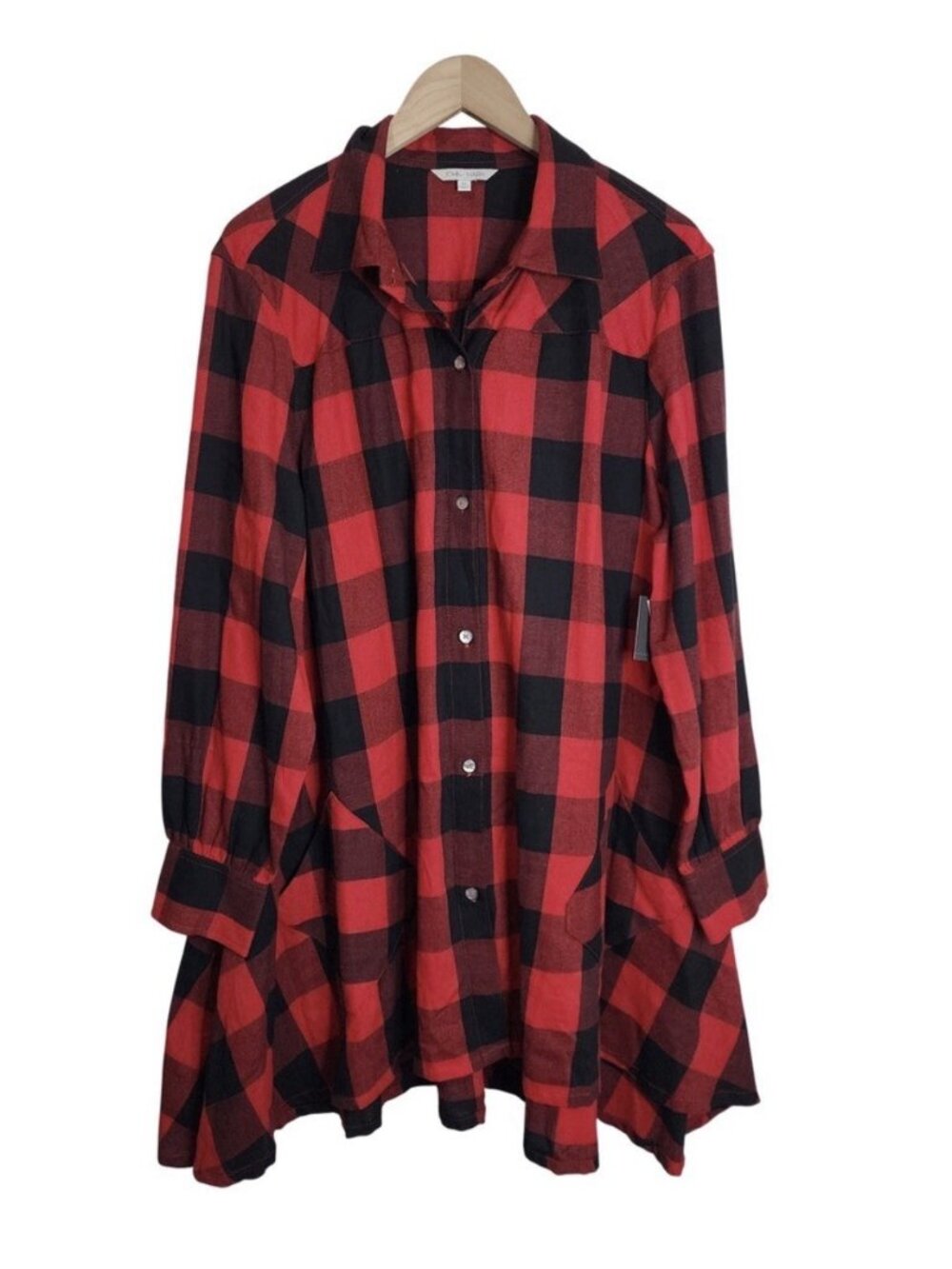 Red And Black Checked Plaid Button Down Flannel Tunic Dress John Mark Size Large